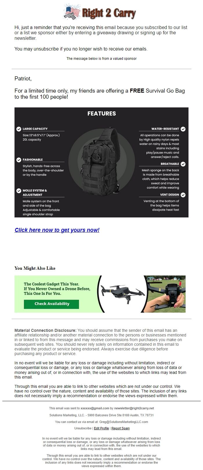 Screenshot of the email generated on import
