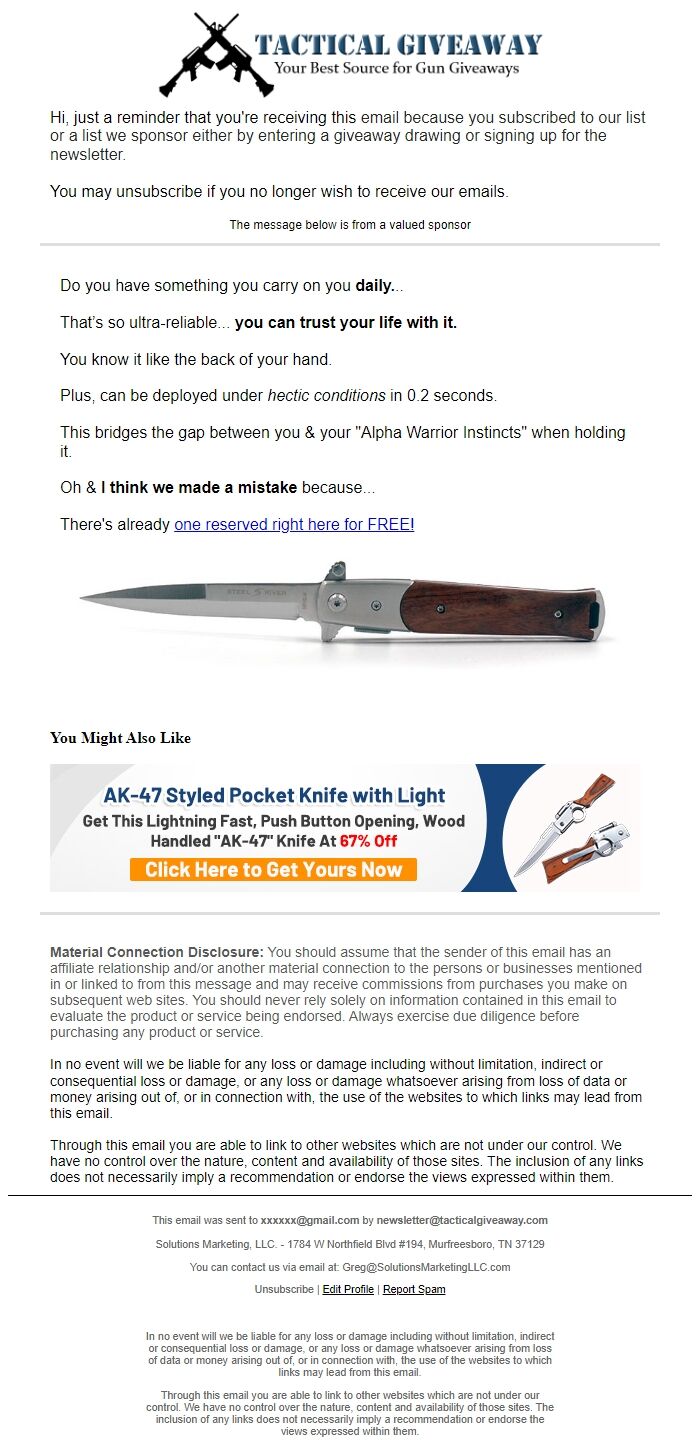 Screenshot of the email generated on import