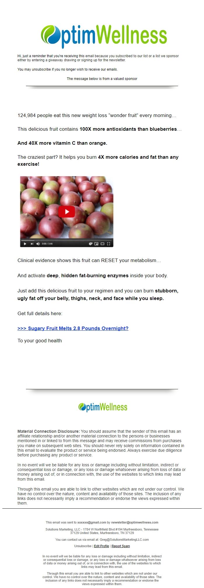 Screenshot of the email generated on import
