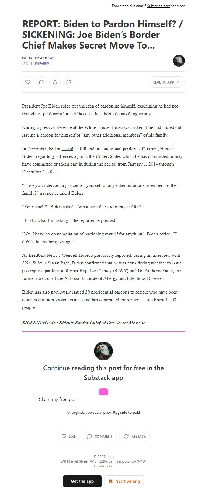 Screenshot of the email generated on import
