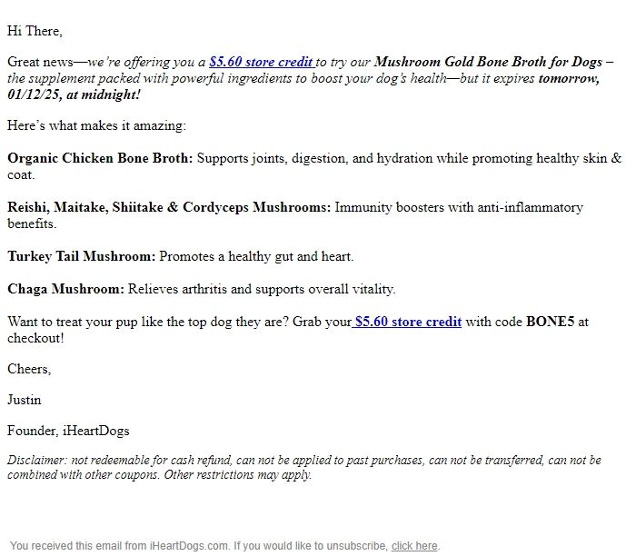 Screenshot of the email generated on import