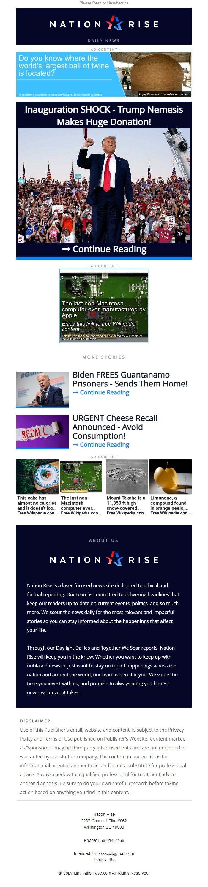 Screenshot of the email generated on import