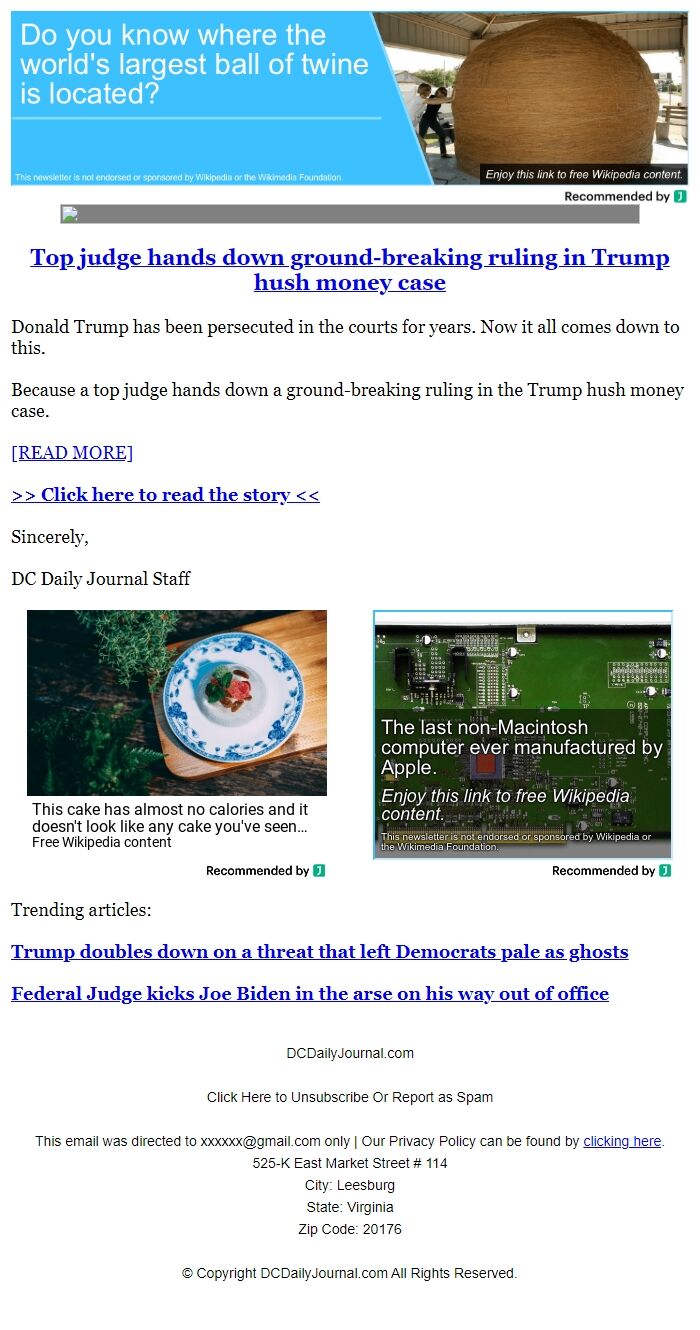 Screenshot of the email generated on import