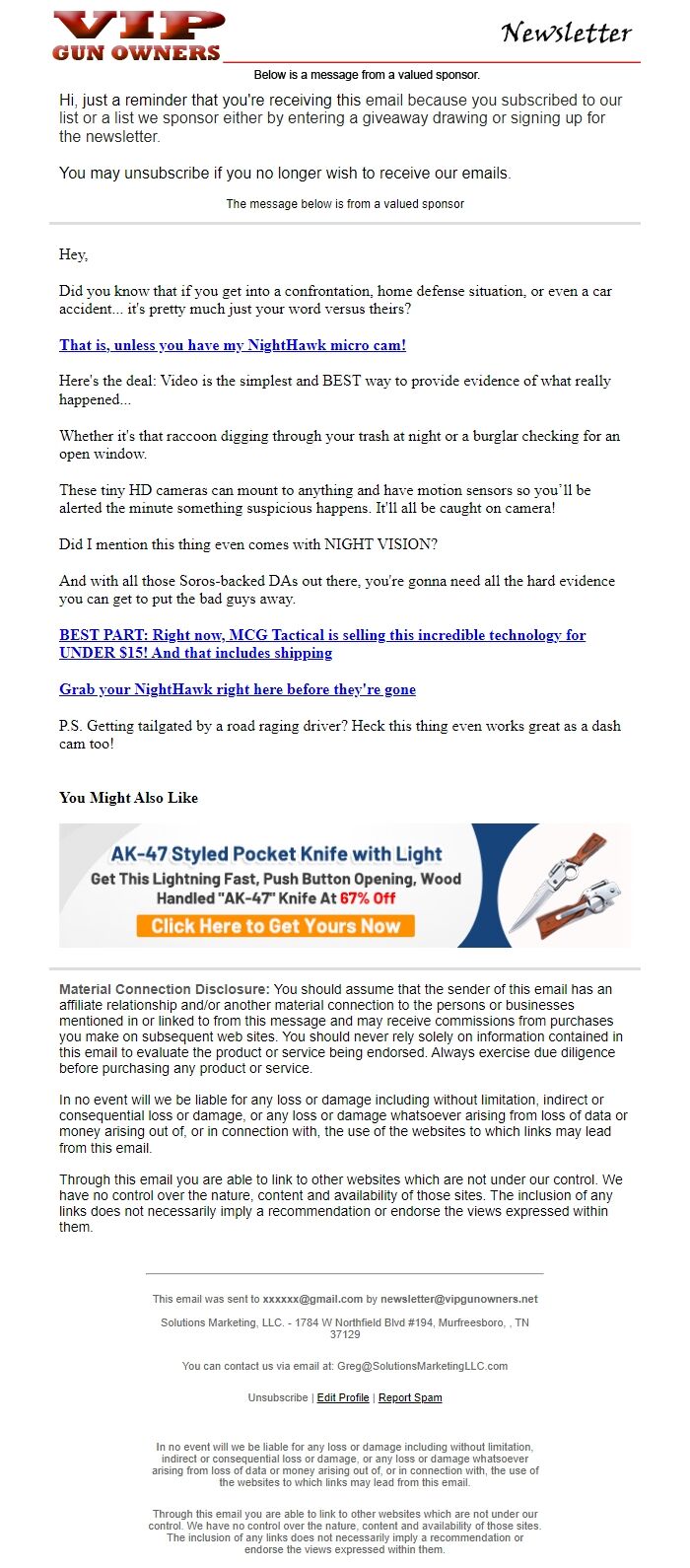 Screenshot of the email generated on import