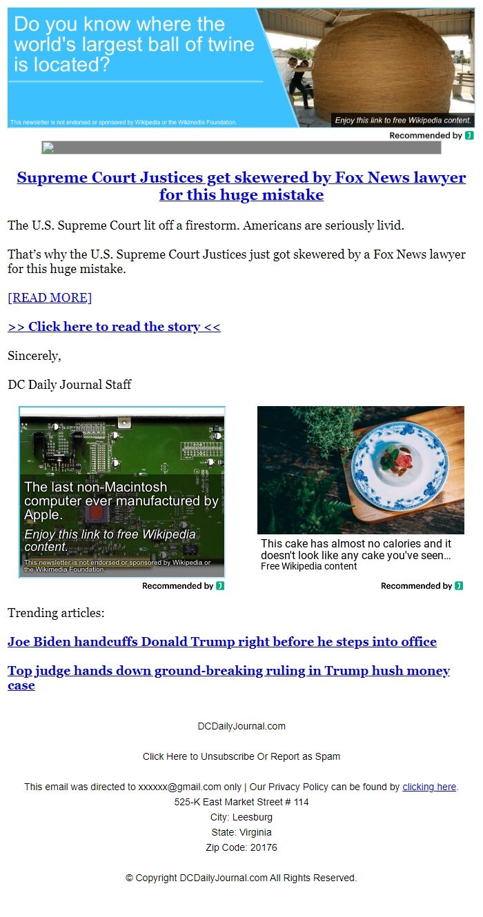 Screenshot of the email generated on import