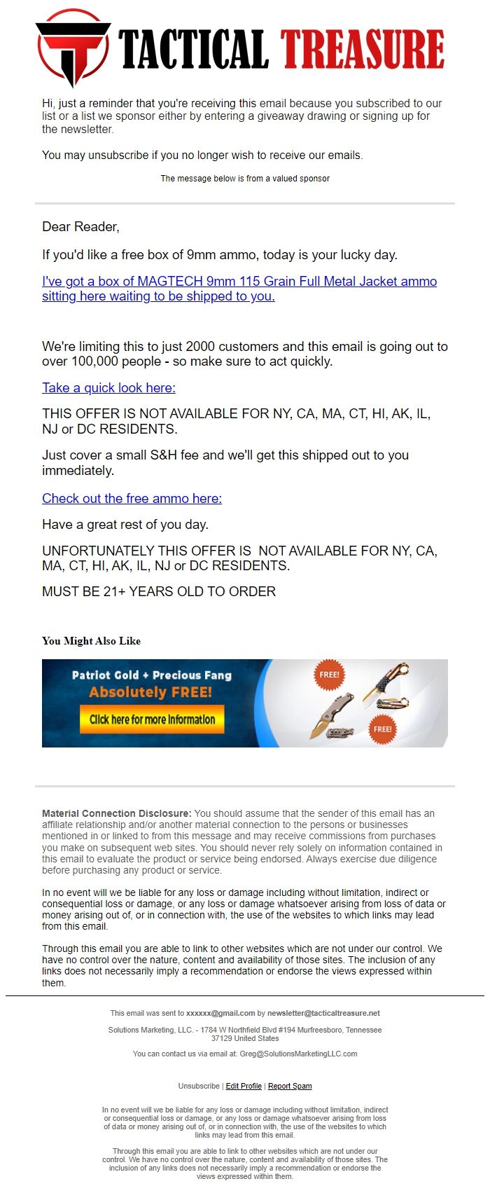 Screenshot of the email generated on import