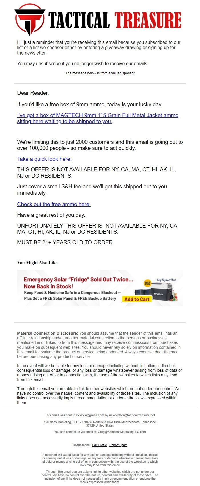 Screenshot of the email generated on import