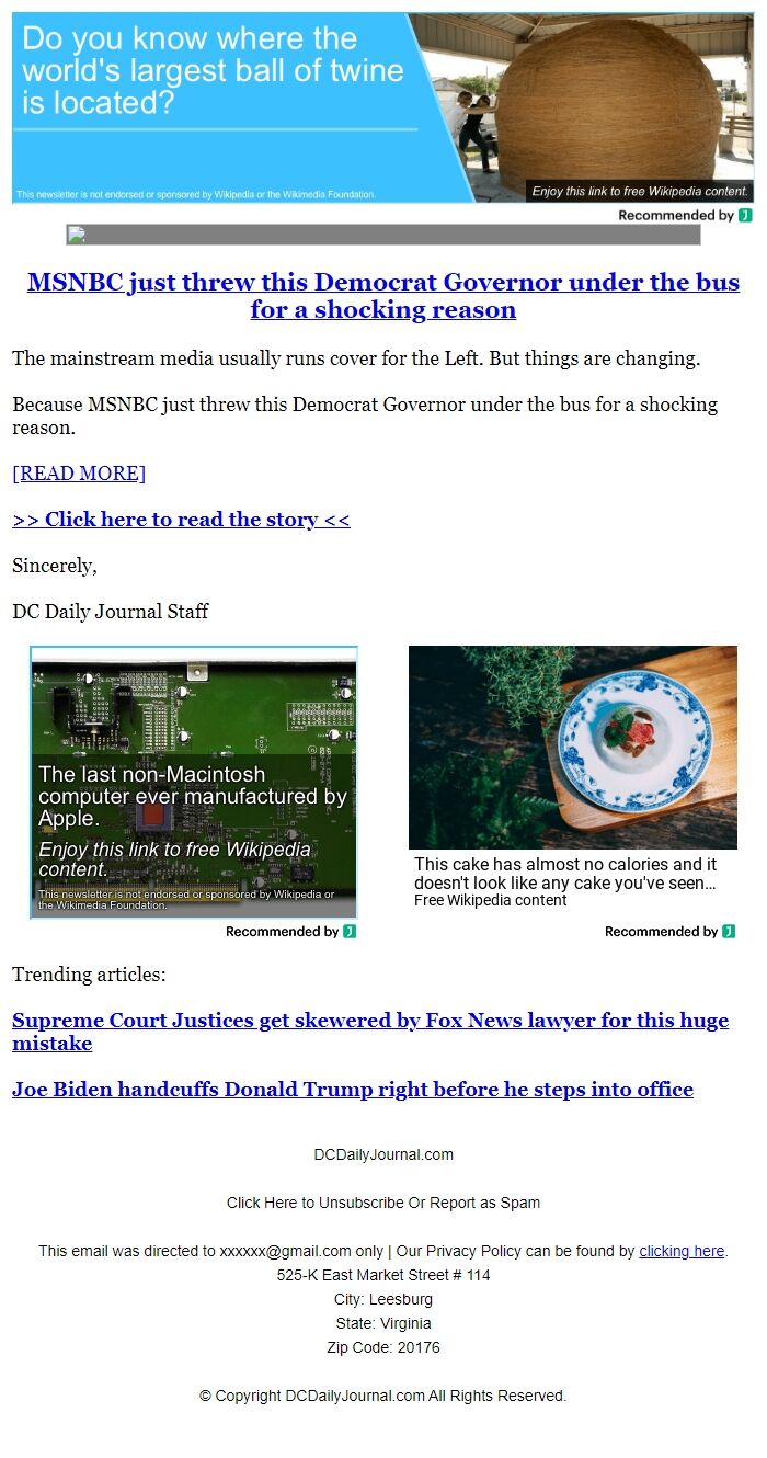 Screenshot of the email generated on import