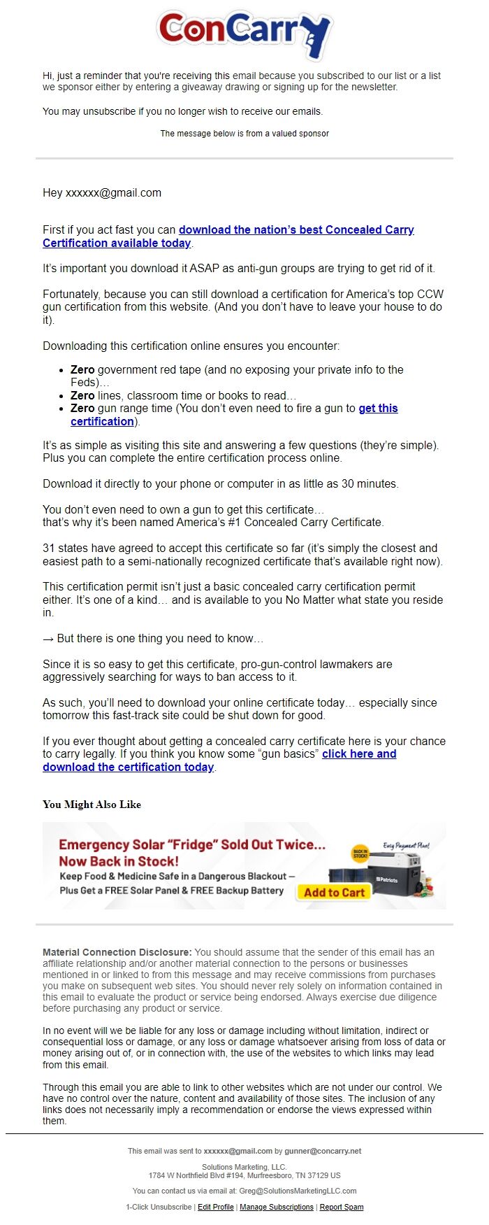 Screenshot of the email generated on import
