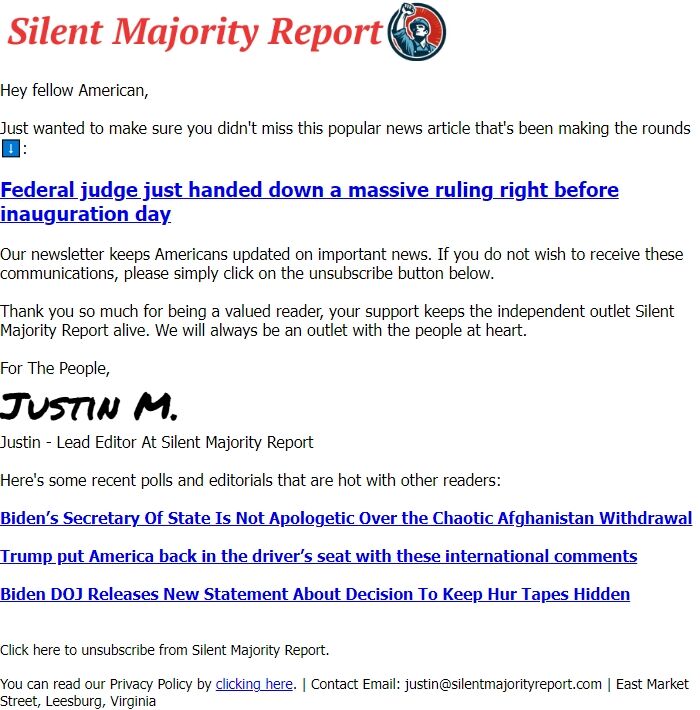 Screenshot of the email generated on import