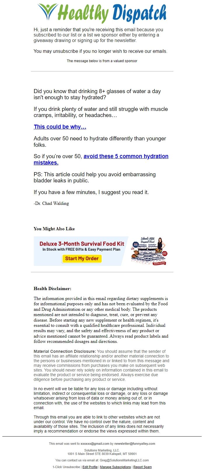 Screenshot of the email generated on import