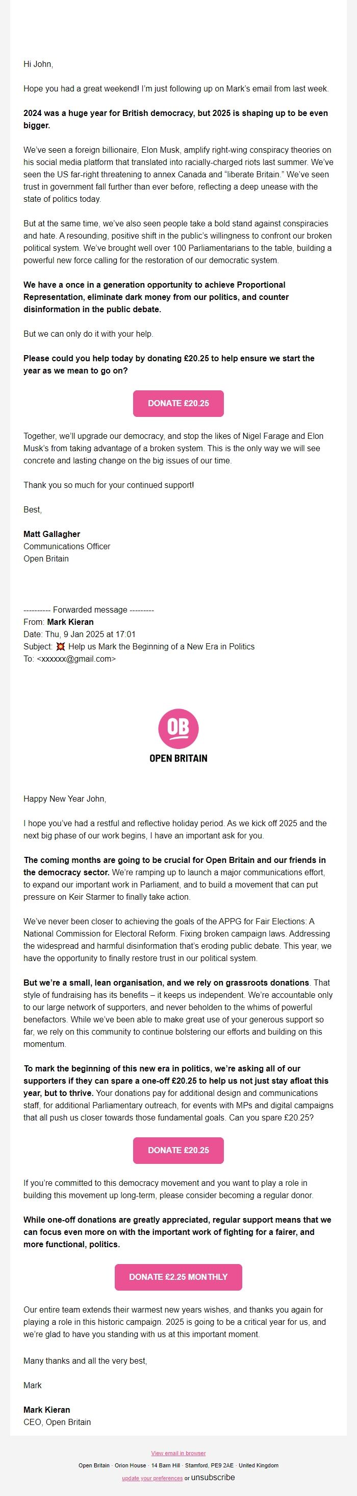Screenshot of the email generated on import