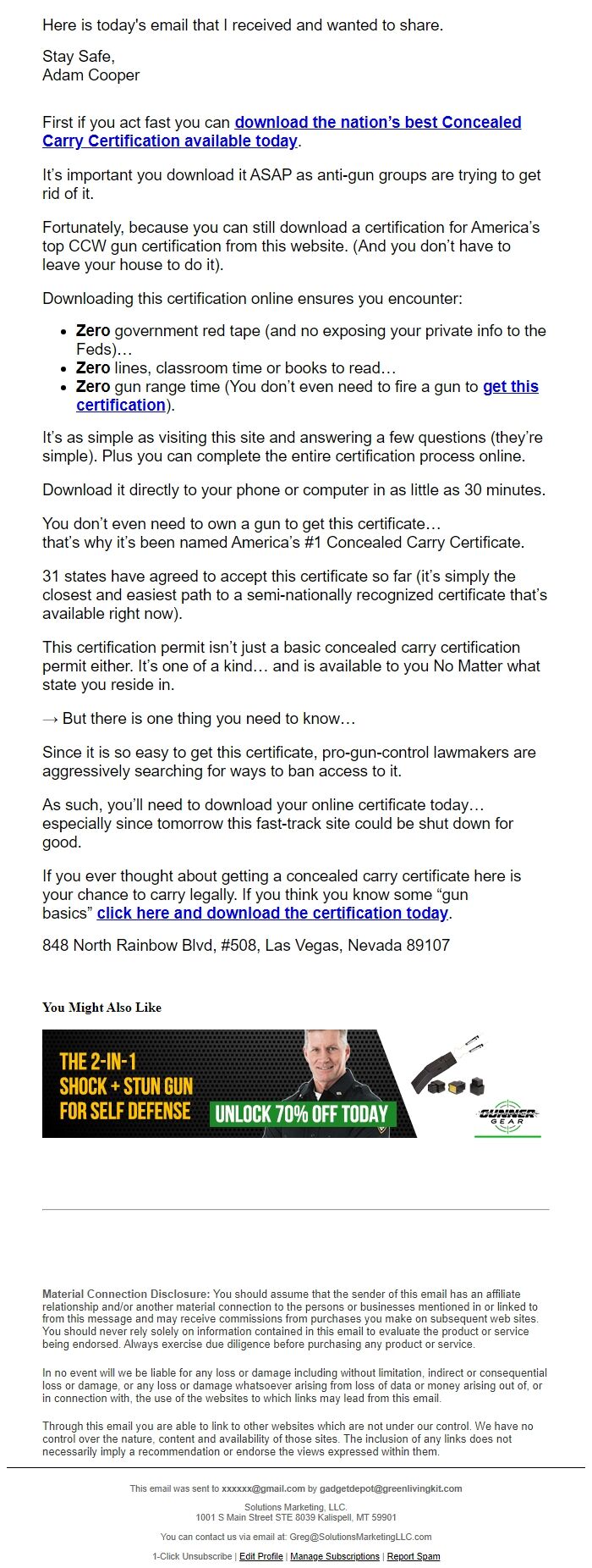 Screenshot of the email generated on import