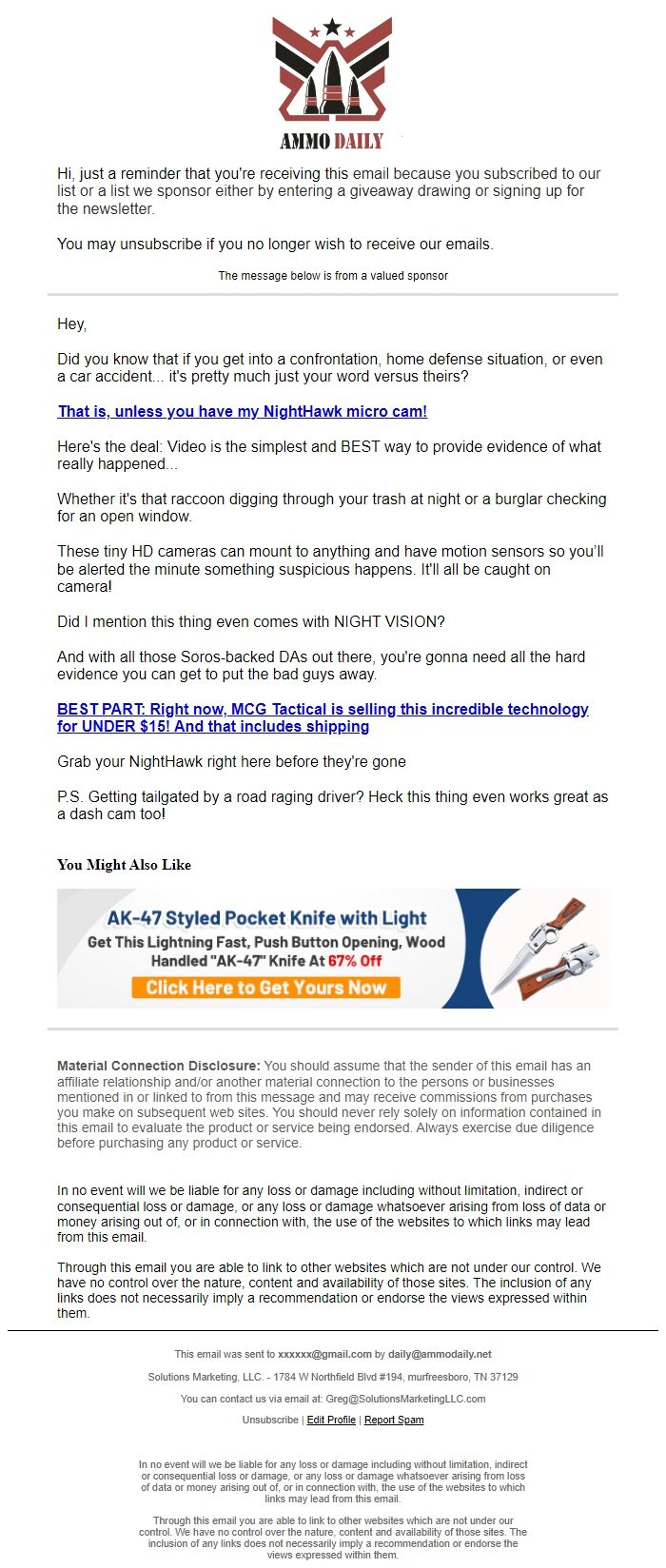 Screenshot of the email generated on import