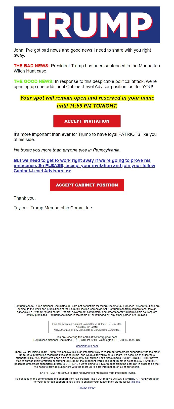Screenshot of the email generated on import