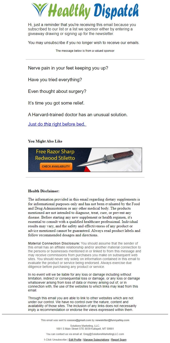 Screenshot of the email generated on import