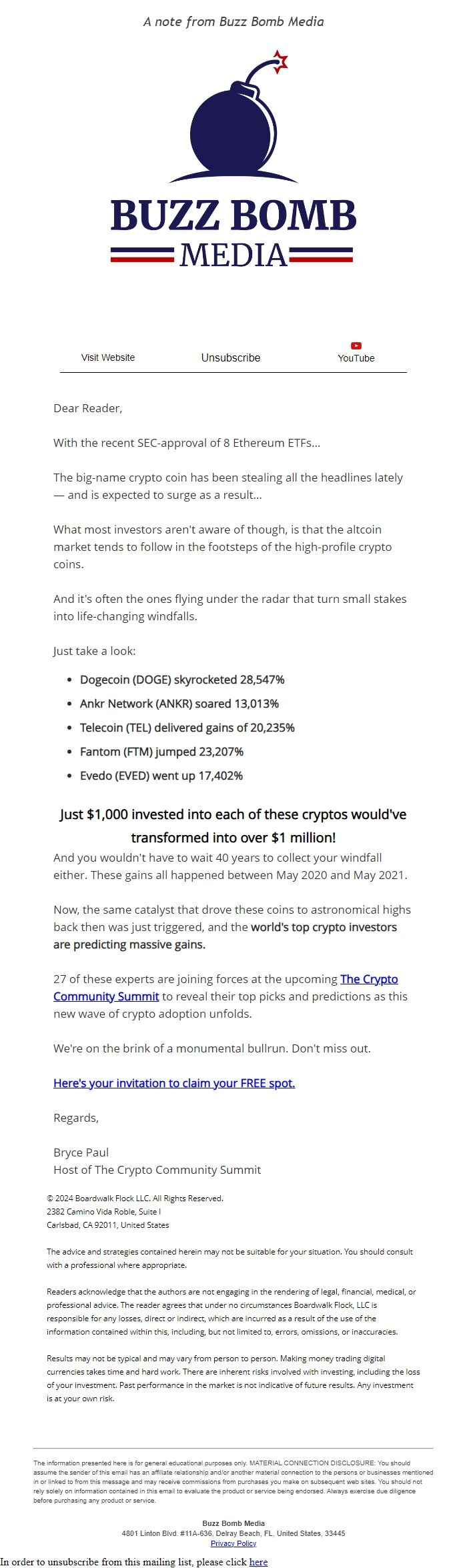 Screenshot of the email generated on import