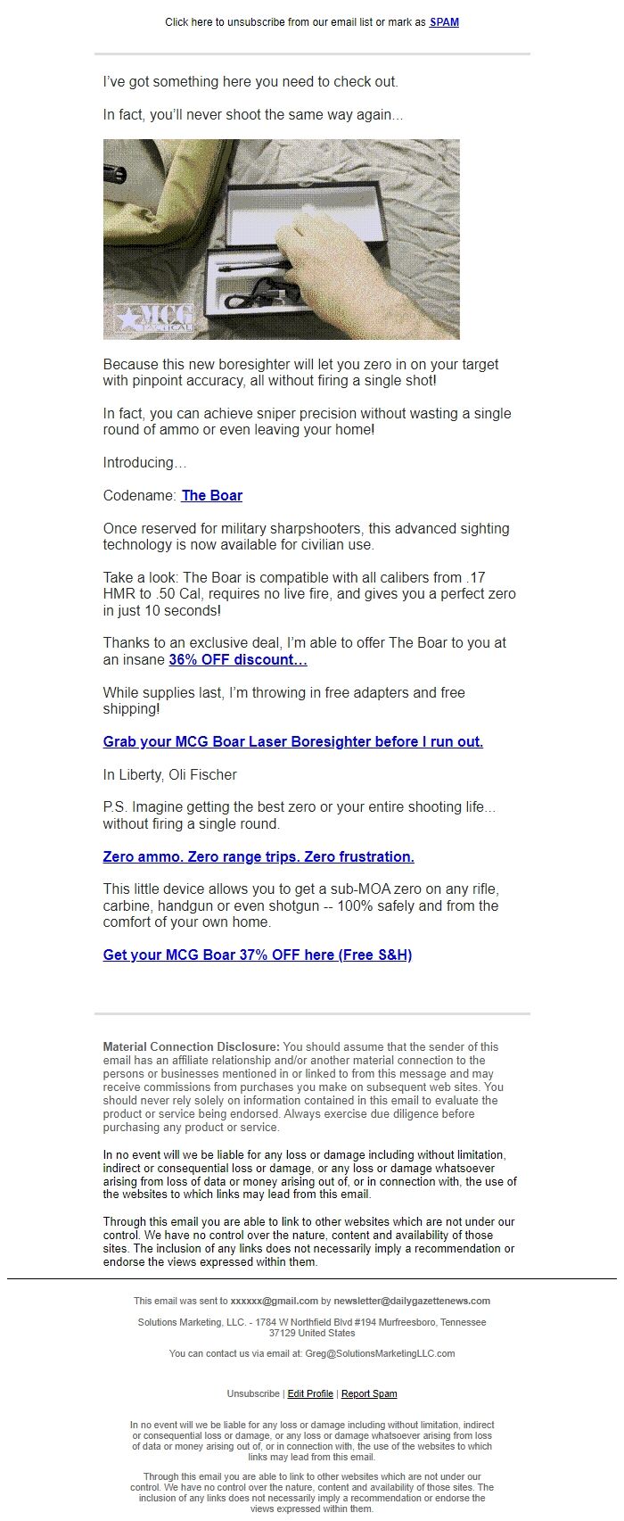 Screenshot of the email generated on import