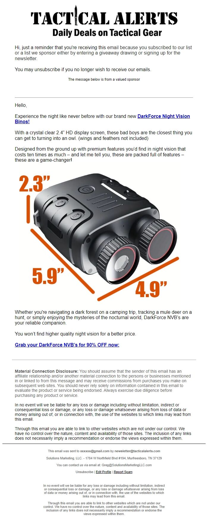 Screenshot of the email generated on import