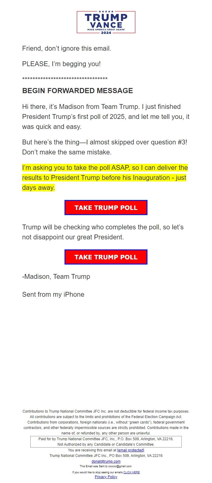 Screenshot of the email generated on import