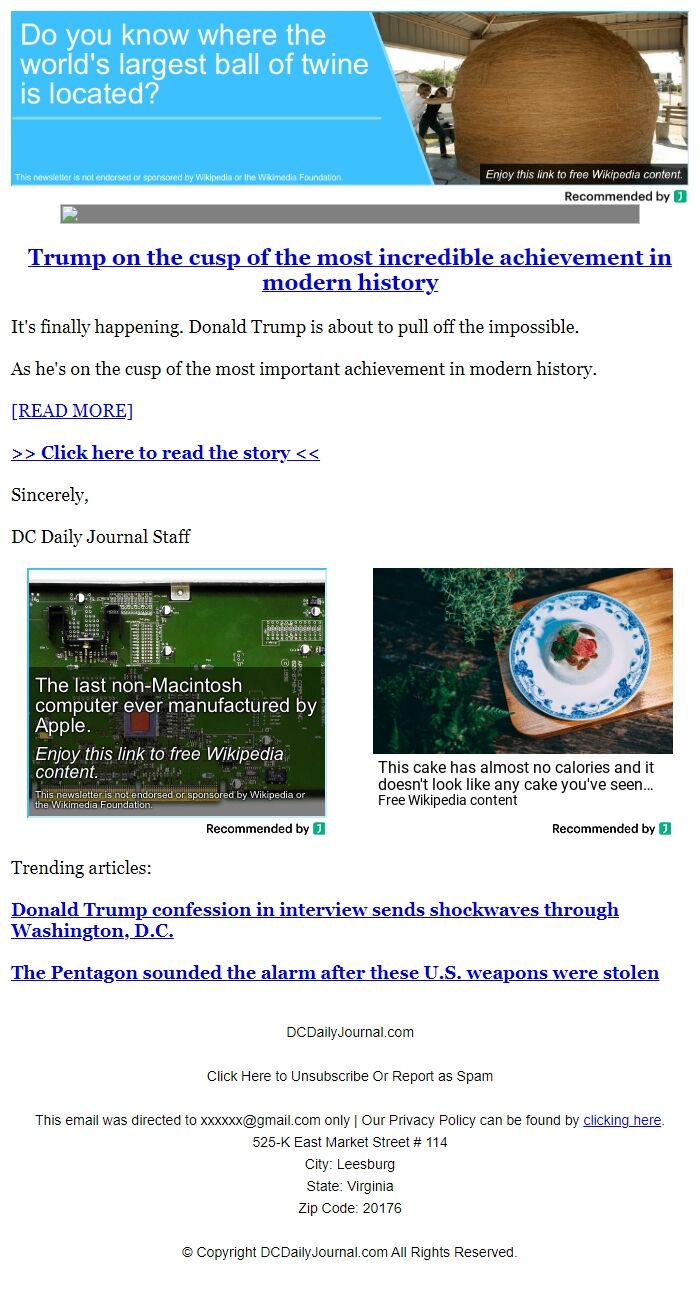 Screenshot of the email generated on import