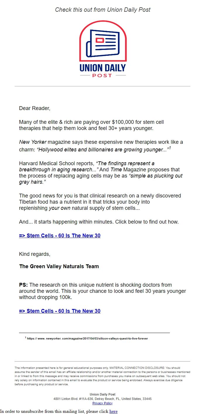 Screenshot of the email generated on import