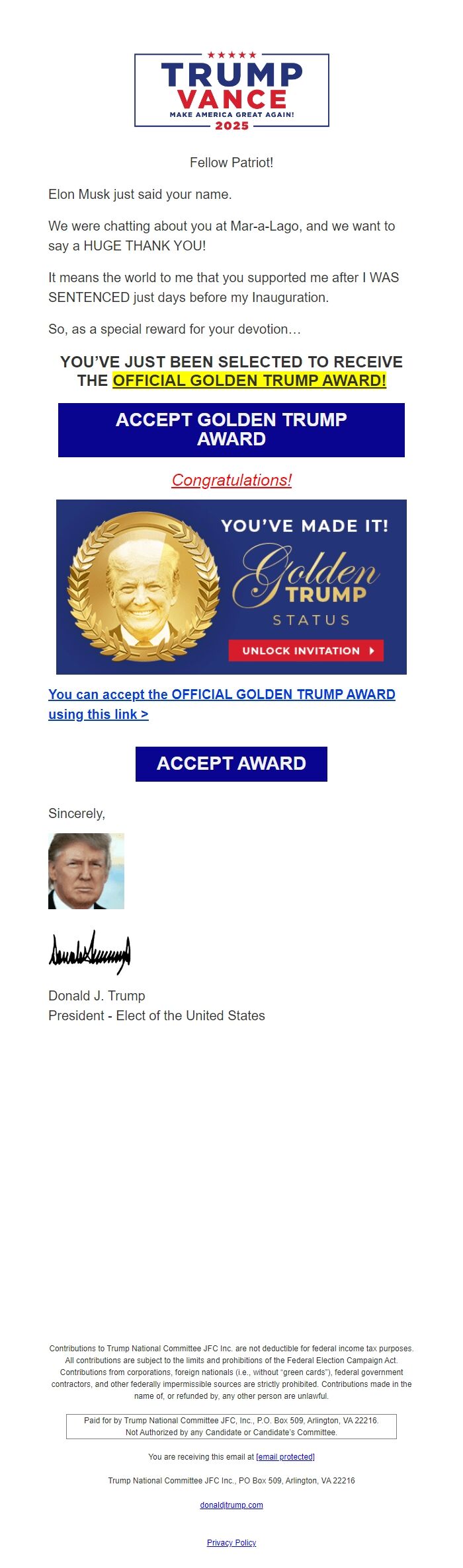 Screenshot of the email generated on import
