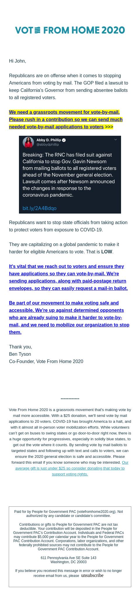 Screenshot of the email generated on import