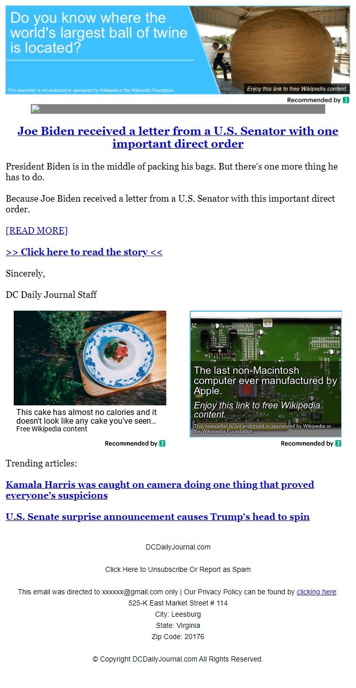 Screenshot of the email generated on import