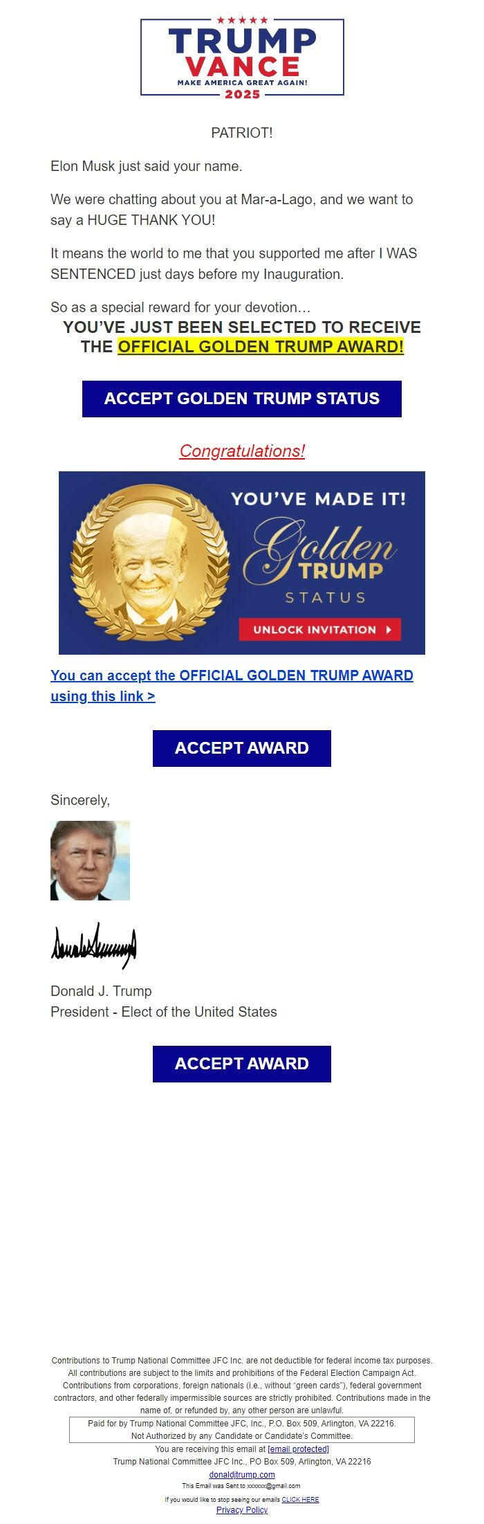 Screenshot of the email generated on import