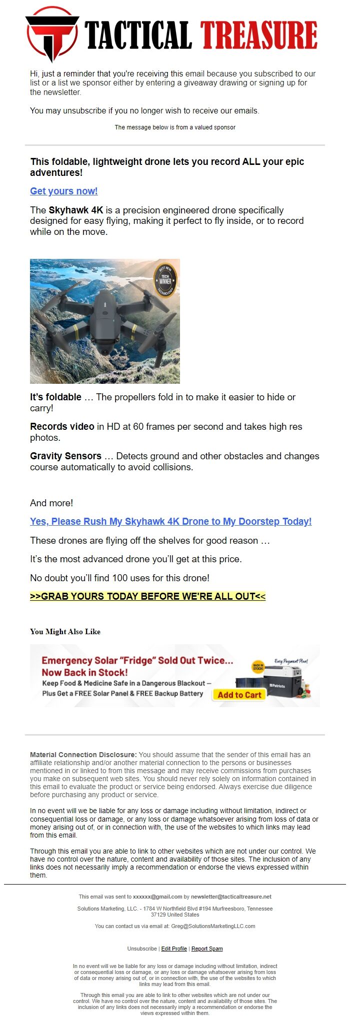 Screenshot of the email generated on import