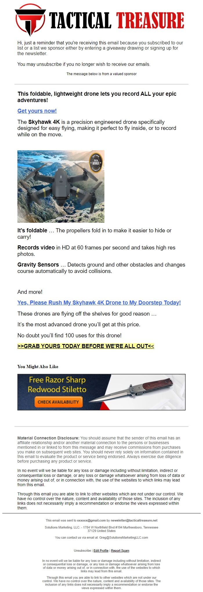 Screenshot of the email generated on import