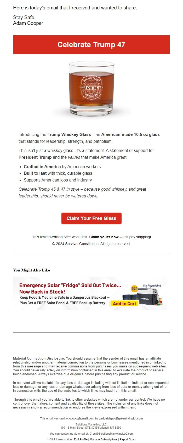 Screenshot of the email generated on import