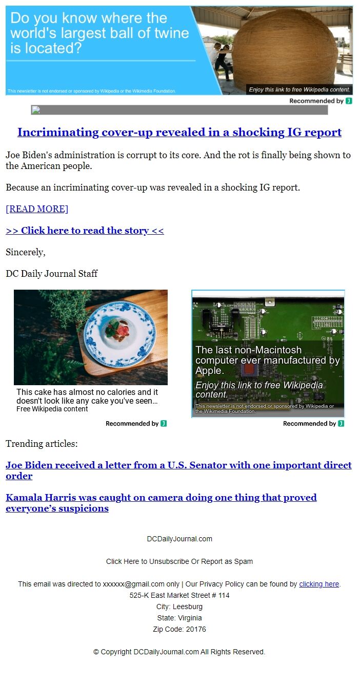 Screenshot of the email generated on import