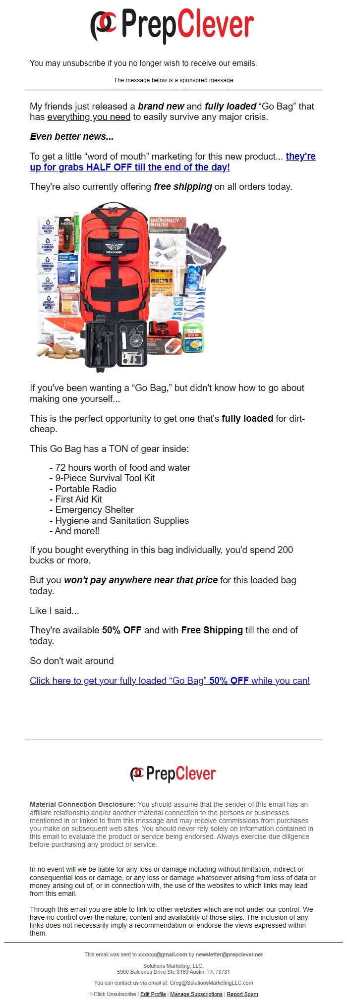 Screenshot of the email generated on import