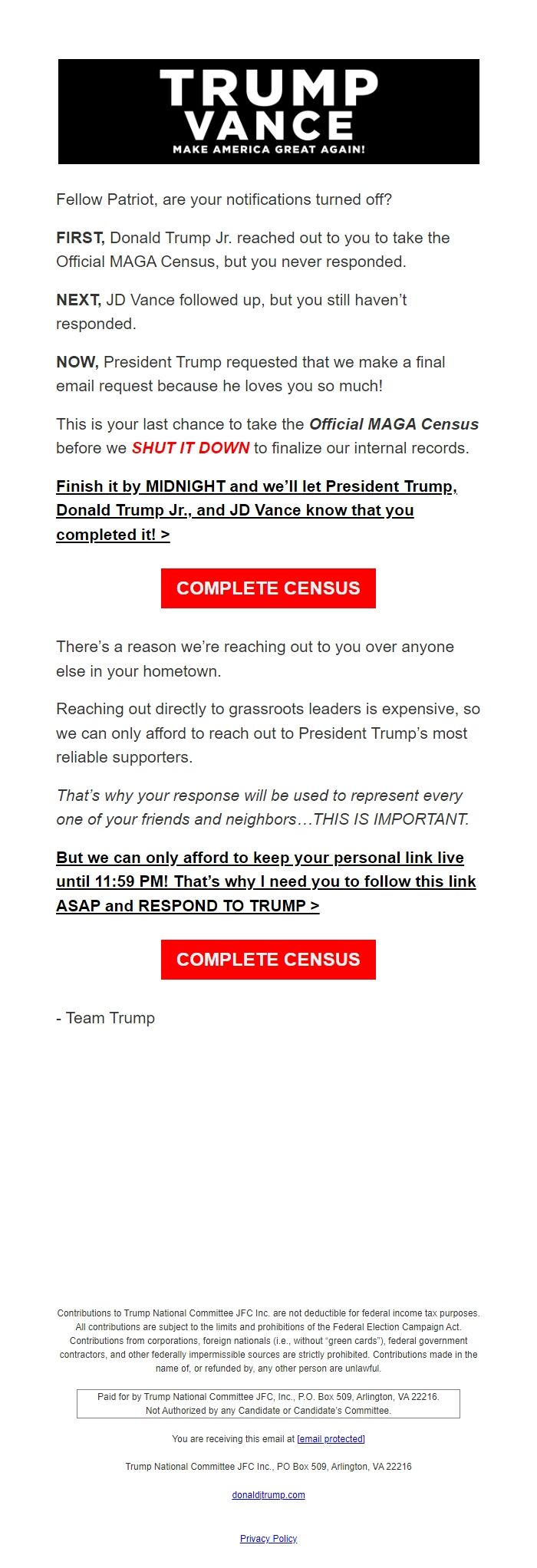 Screenshot of the email generated on import