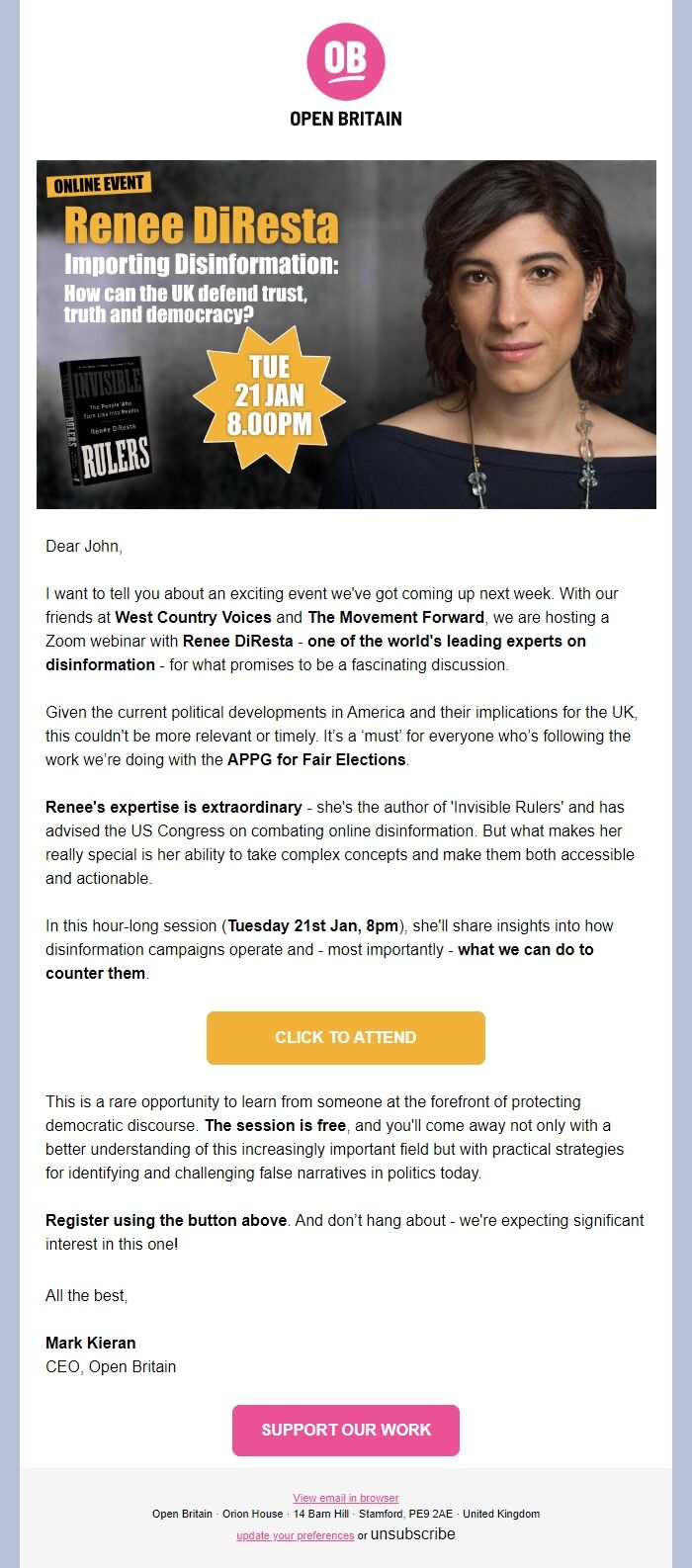 Screenshot of the email generated on import