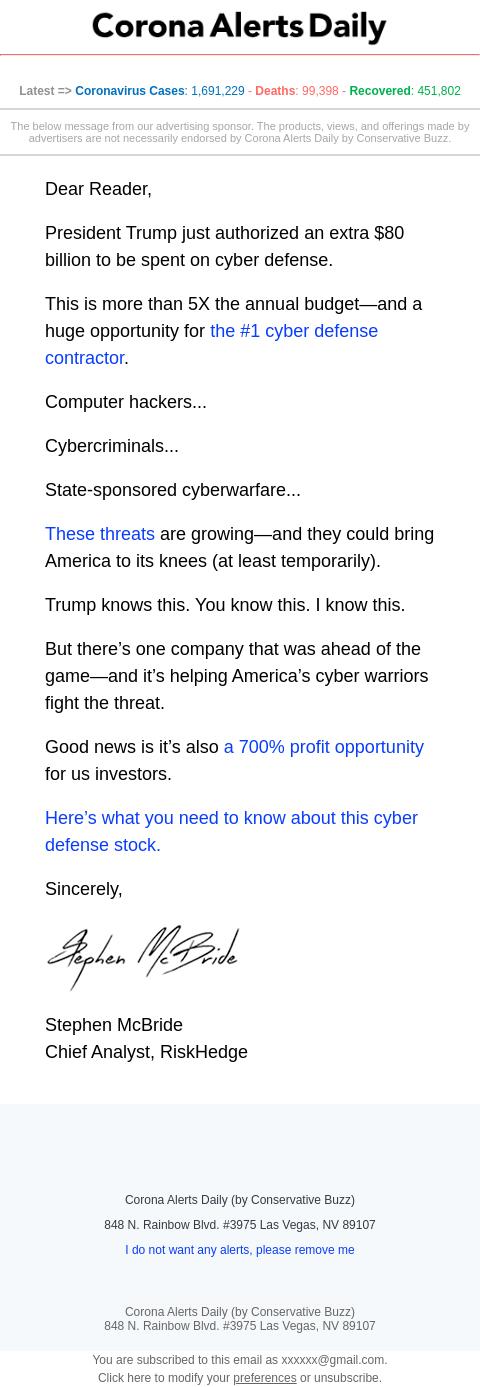 Screenshot of the email generated on import