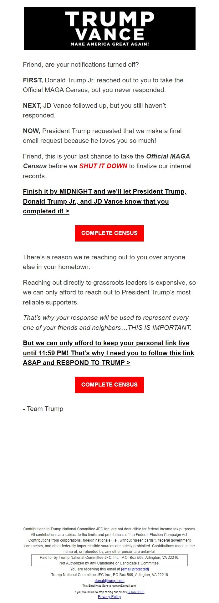 Screenshot of the email generated on import