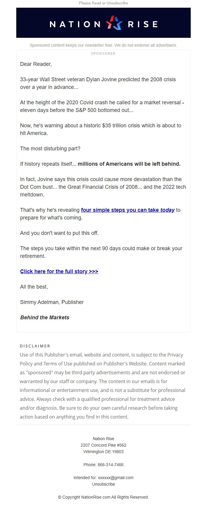 Screenshot of the email generated on import