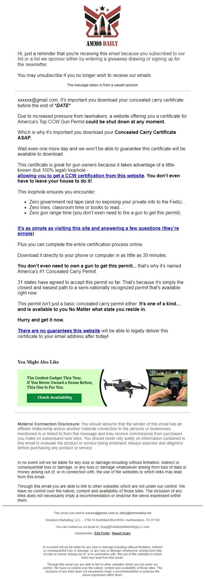 Screenshot of the email generated on import