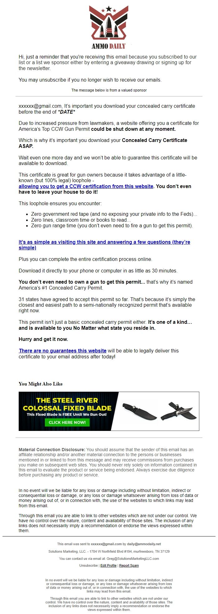 Screenshot of the email generated on import