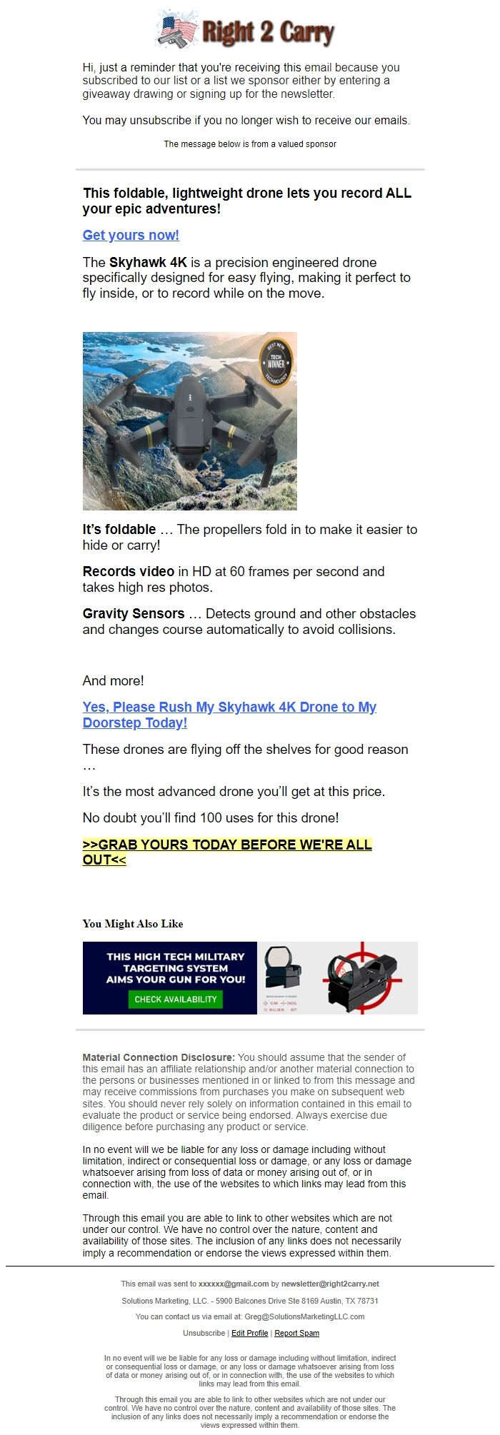 Screenshot of the email generated on import
