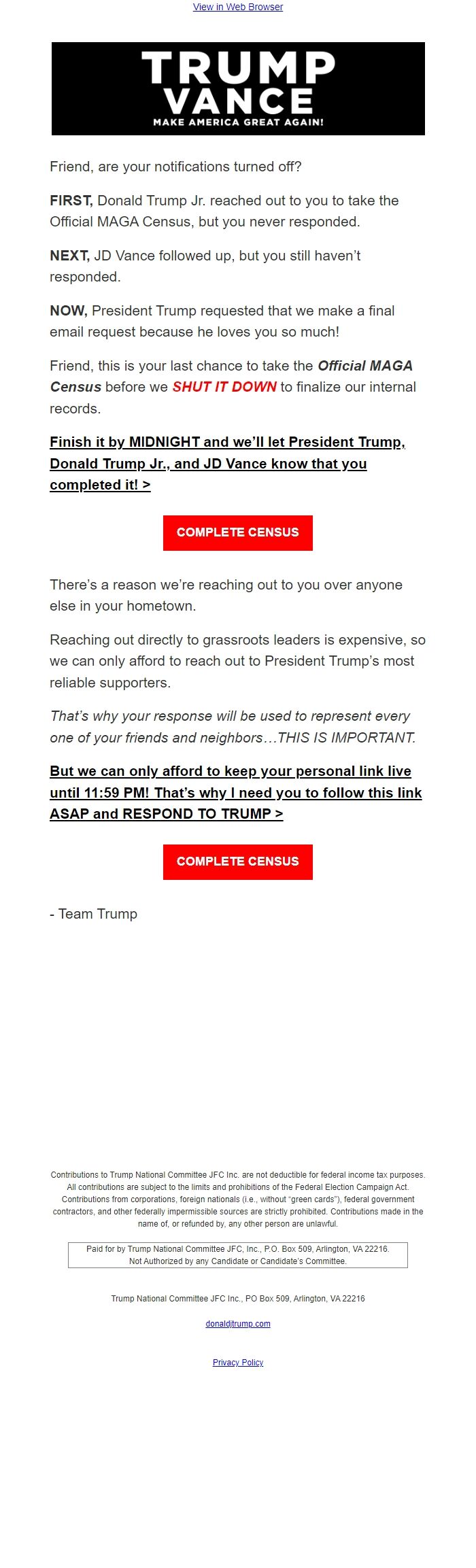 Screenshot of the email generated on import