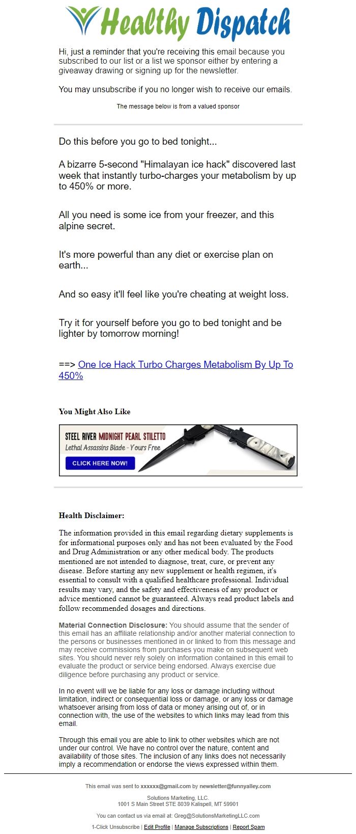 Screenshot of the email generated on import