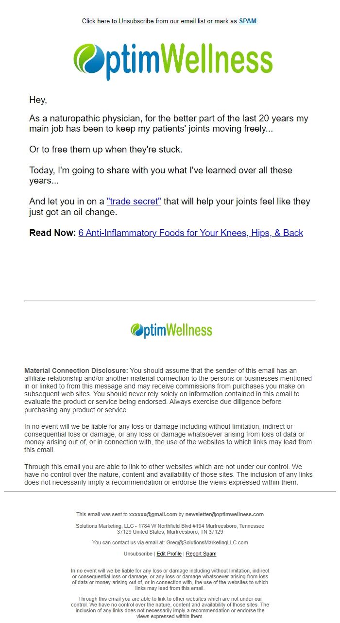 Screenshot of the email generated on import