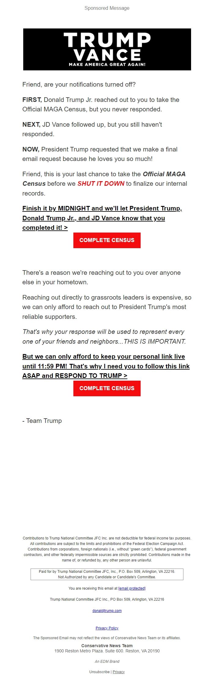 Screenshot of the email generated on import