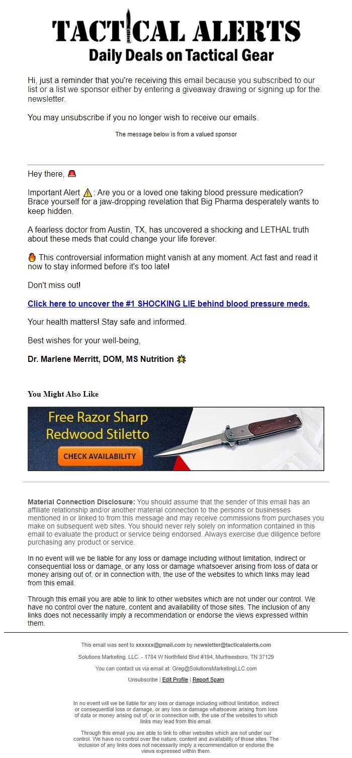 Screenshot of the email generated on import