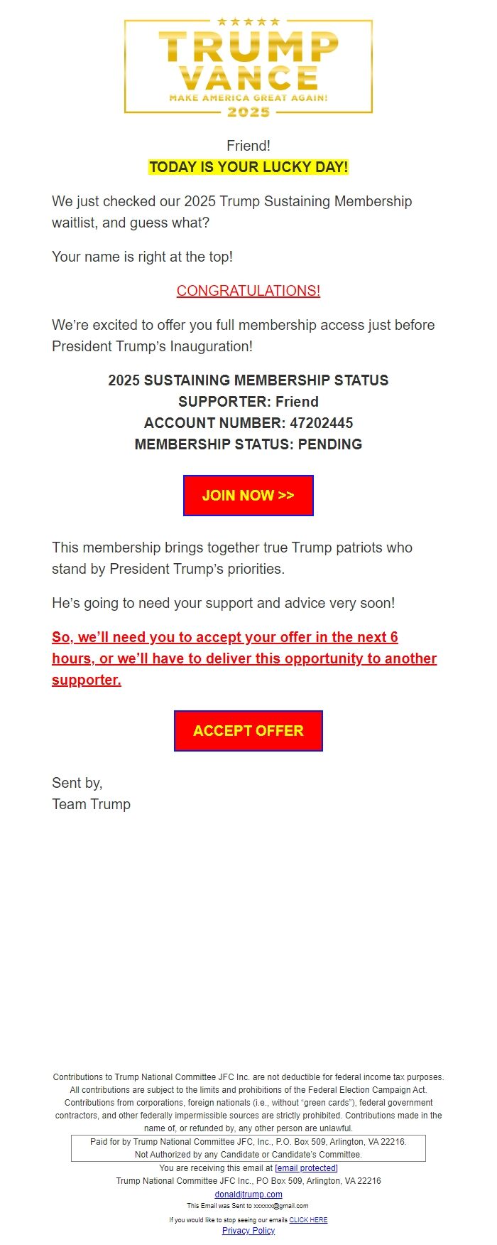 Screenshot of the email generated on import