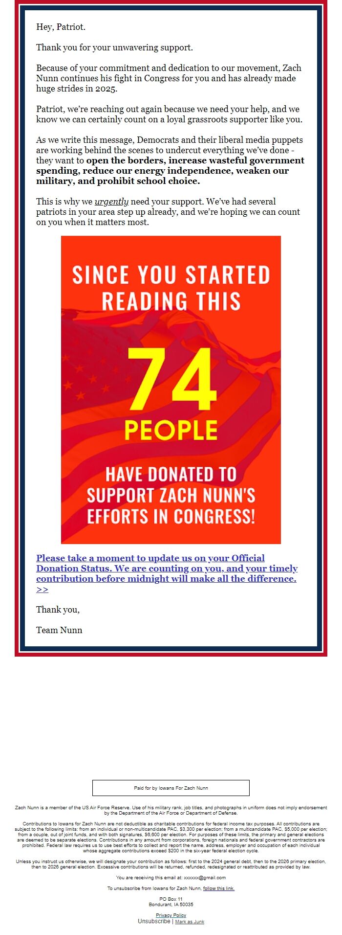 Screenshot of the email generated on import